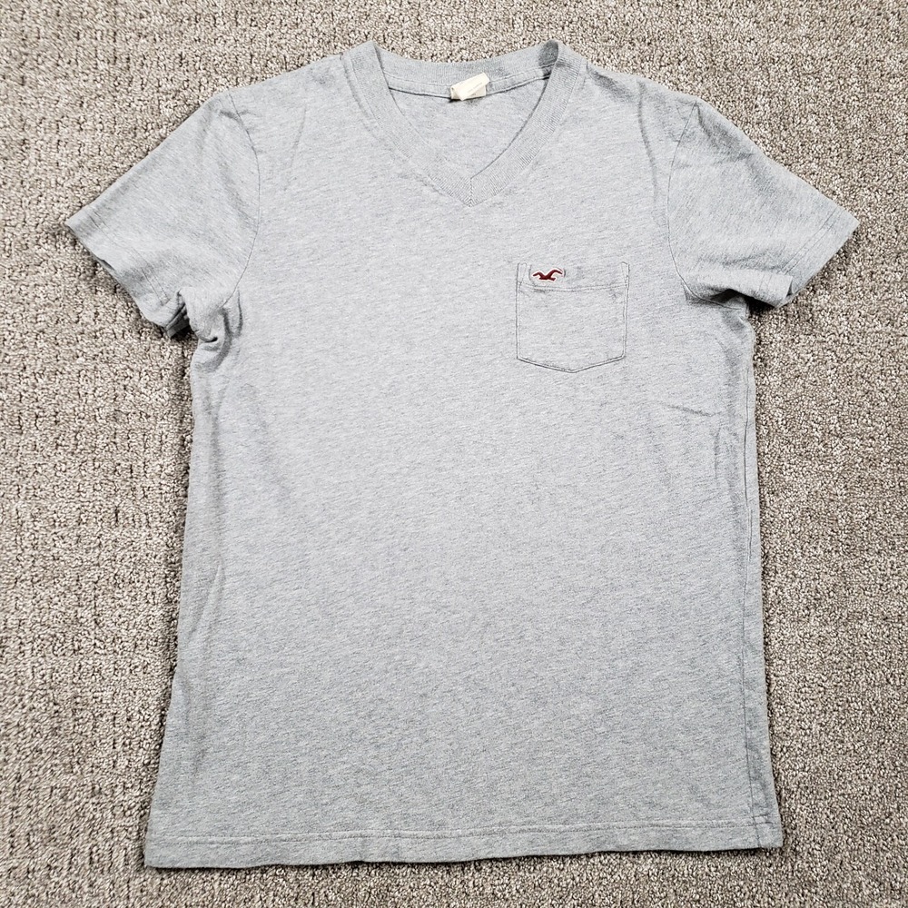 Y2k Hollister Shirt Womens Small Gray V-Neck Embroidered Eagle Pocket Tee